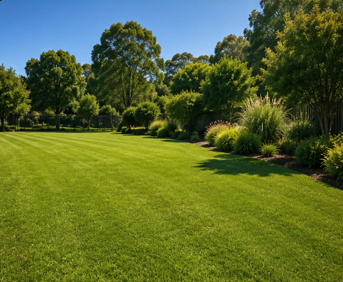 A freshly mowed, striped lawn with manicured garden beds